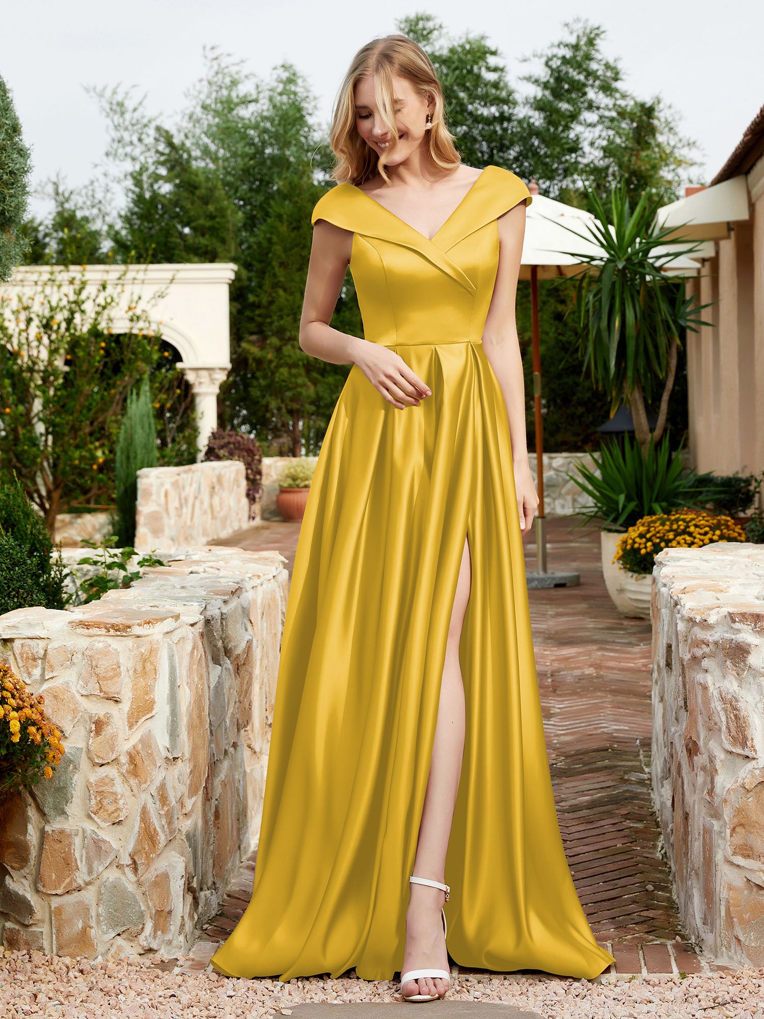 Satin Cap Sleeve Bridesmaid Dress With Pocket Marigold